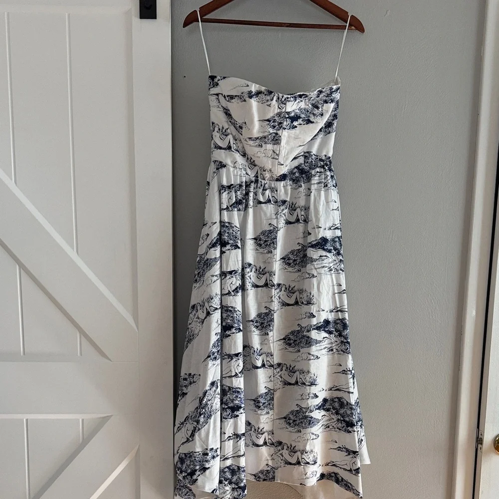 Reformation White Strapless Dress with Navy Scenic Print - Picture 1 of 5